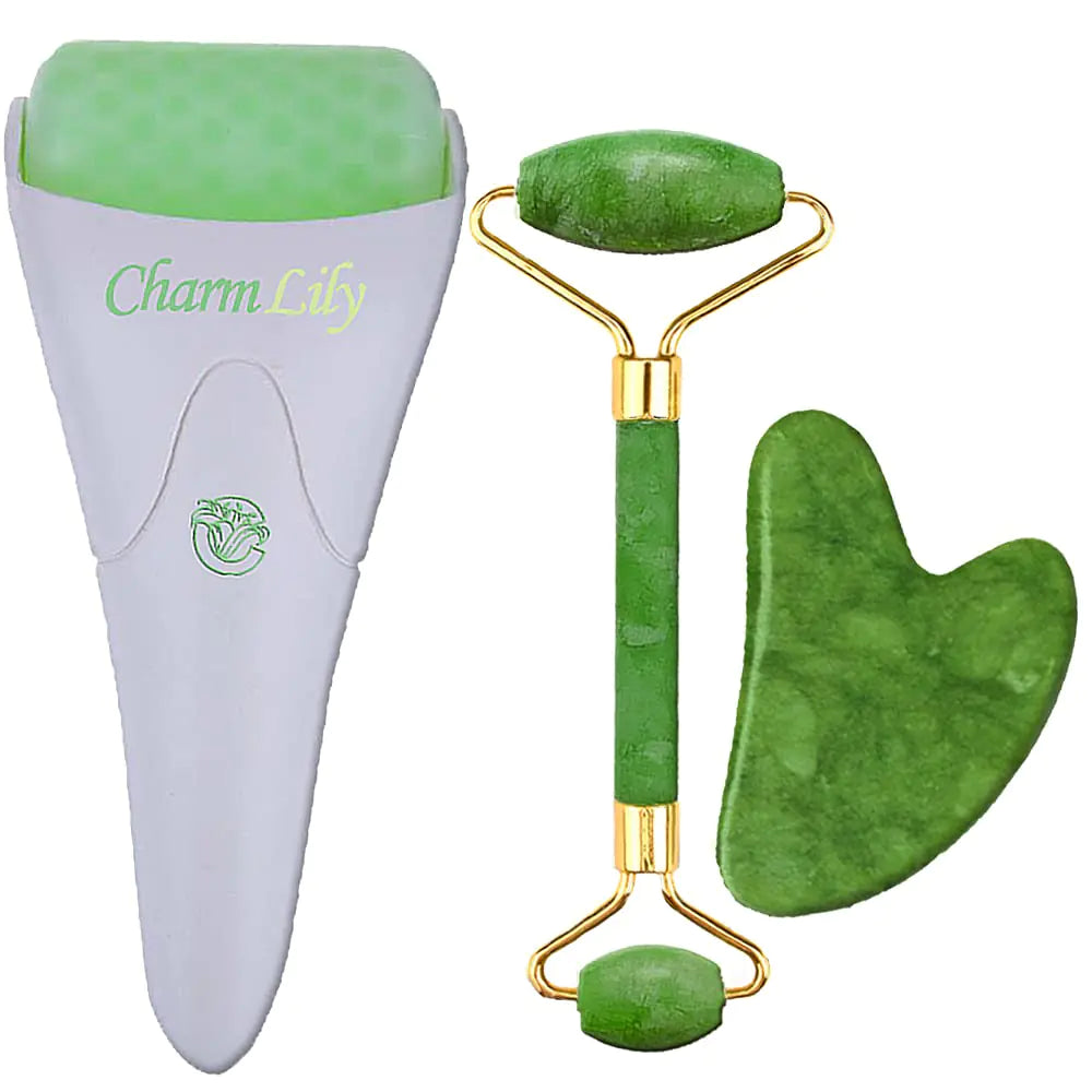 CHARMLILY Jade & Ice Roller + Gua Sha Massager Tool Set for Face & Eyes Puffiness Reduce Wrinkle Aging Migraine Pain Relief on Neck & Body Cold Facial Original Natural Stone - 3 in 1